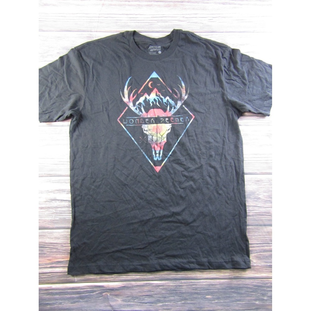 American Highway Mens Size 2XL Black "Wonder Seeker" Graphic Tee T Shirt